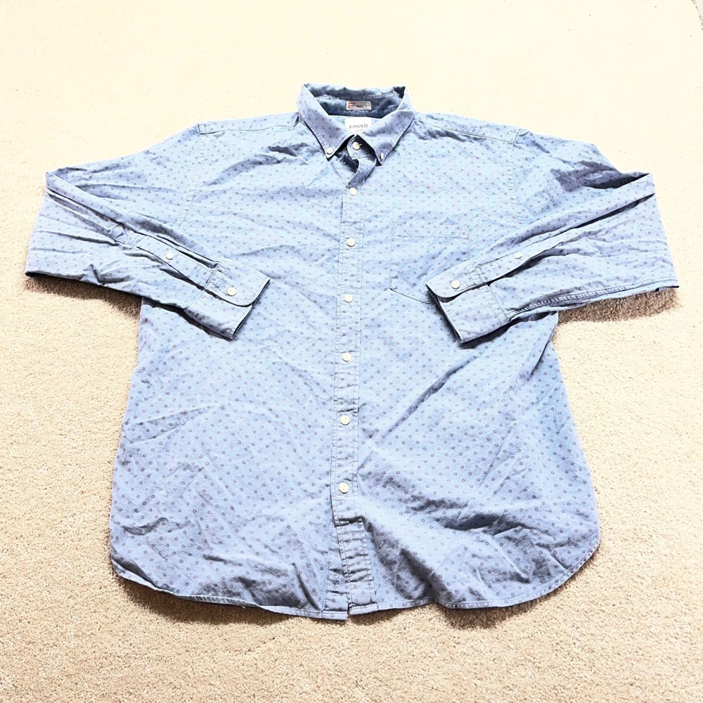 Fossil Shirt Mens Large Blue Geometric Print Classic Fit Long Sleeve Button Down